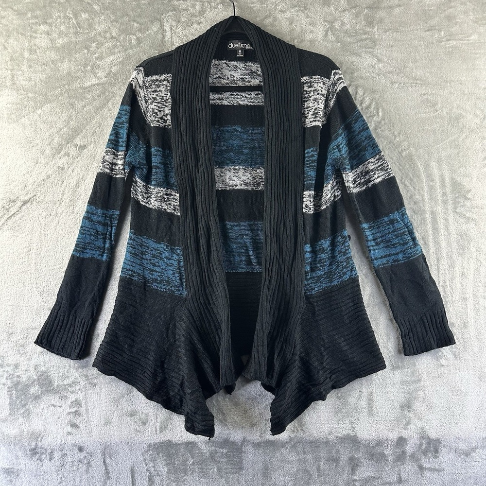 Due Time Maternity Cardigan Sweater Women's M Black Blue Waterfall Open Front